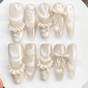 Creamy Cat Eye Press On Nails, Coquette Bow Nails, Balletcore Ruffle Nails, Pearl French Nails, Handmade Luxury Press Ons