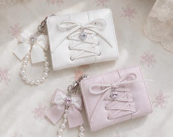 Handmade Jirai Kei Lace-Up Wallet, Kawaii Pearl Bow Charm Card Holder