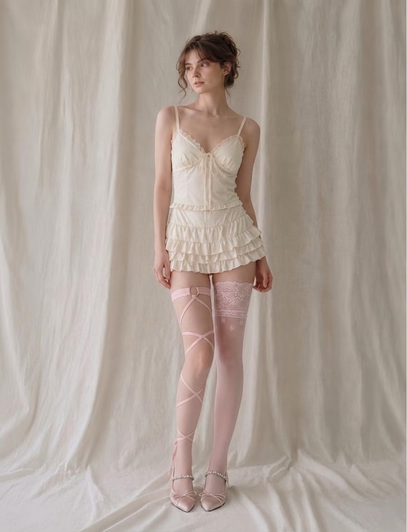 Pink Asymmetrical Thigh High Socks, Lace Garter Stockings, Coquette Balletcore Legwear, Fairycore Hosiery