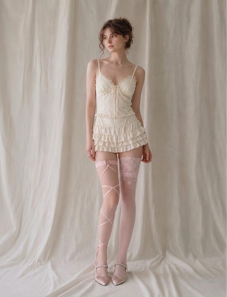 Pink Asymmetrical Thigh High Socks, Lace Garter Stockings, Coquette Balletcore Legwear, Fairycore Hosiery image 1