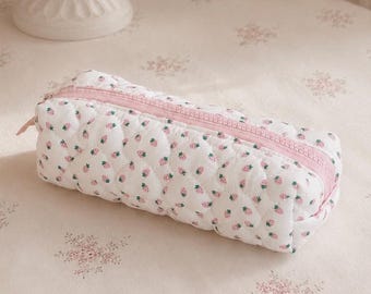 Strawberry Pencil Case, Quilted Pink Stationery Pouch, Gingham Zipper Pen Case, Kawaii School Supplies