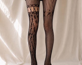 Asymmetric Fishnet Tights, Mismatched Punk Grunge Pantyhose, Y2K Gothic Legwear