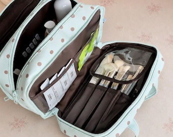 Large Polka Dot Makeup Bag Travel Cosmetic Organizer With Brush Holder