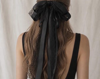 Handmade Black Lace Bow Hair Clip, Long Tail Satin Ribbon Bow, Romantic Gothic Coquette Hair Accessory