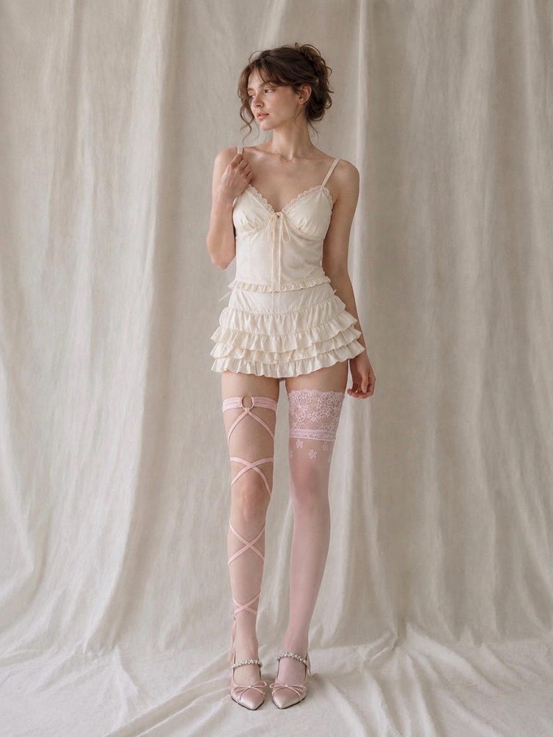 May include: A cream-colored camisole with lace trim and a matching tiered ruffled mini skirt. The outfit is paired with one pink lace-up leg garter and one sheer white thigh-high stocking with a floral lace top, finished with pink pointed-toe heels.
