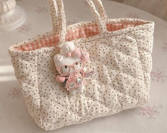 Quilted Floral Tote Bag, Large Coquette Shoulder Bag, Gingham Lined School Bag, Japanese Kawaii Everyday Book Tote
