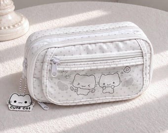 Weißes Katzen-Federmäppchen, großes Fassungsvermögen, mehrere Fächer, Kawaii-Schul-Federtasche mit Anhänger