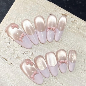 Pink Cat Eye Press On Nails, Coquette French Tip Nails, Balletcore Bow Nails, Kawaii Press Ons, Handmade Nail Set