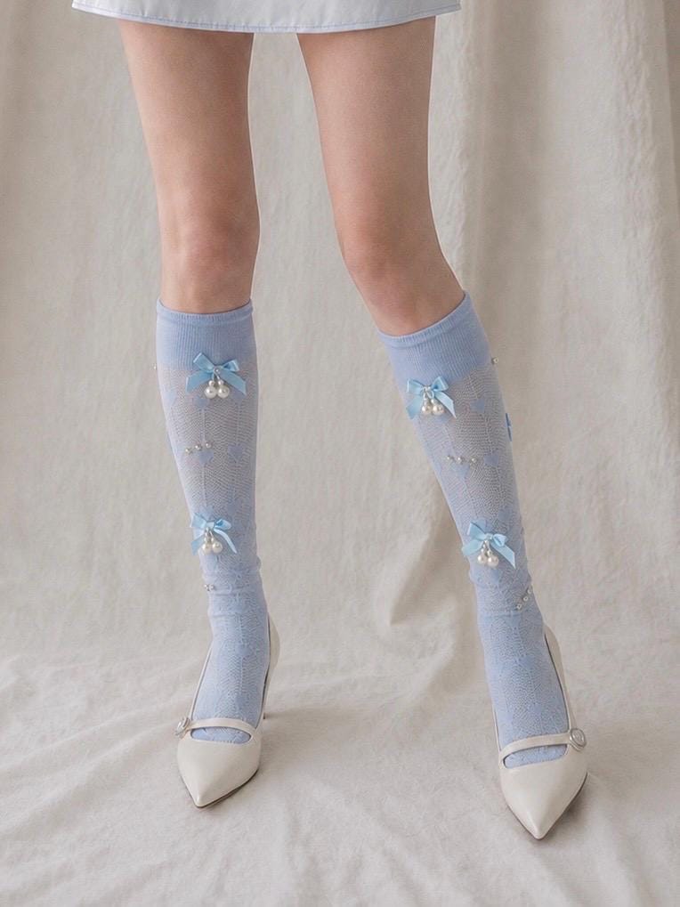 Handmade Powder Blue Pearl Bow Socks, Coquette Knee High Socks, Balletcore Stockings, Kawaii Lace Socks, Soft Girl Fashion