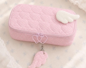 Quilted Polka Dot Pencil Case Large Kawaii Stationery Organiser With Charm