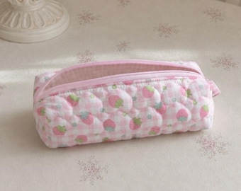 Handmade Quilted Strawberry Pencil Case, Pink Gingham Pouch, Kawaii Stationery Organizer
