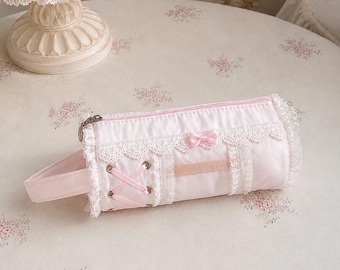 Pink Lace Pencil Case, Jirai Kei Stationery Pouch, Girly Cosmetic Bag