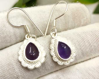 Orecchini in argento sterling 925 con pietra preziosa naturale di quarzo ametista, orecchini in argento sterling 925 come regalo, gioielli vintage con pietra preziosa unica di quarzo ametista.