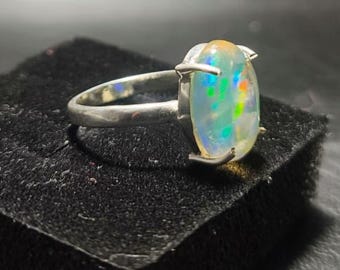 Anillo ovalado de ópalo, plata de ley, joyería de piedras preciosas