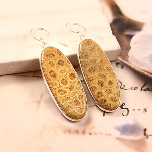 Natürliche Fossilien Korallen Ohrringe in Sterling Silber - Einzigartige versteinerte Korallen Edelstein Schmuck, Boho Chic Statement Ohrringe