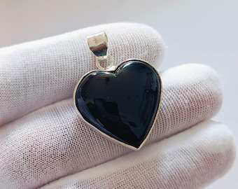 Black Onyx Heart Pendant, 925 Sterling Silver Necklace