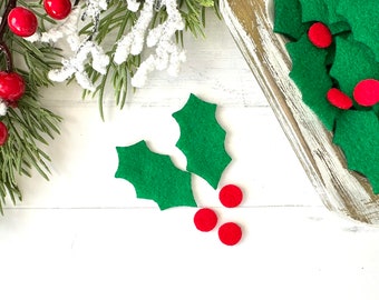 Felt Holly Leaves & Berries Cut Outs | Pre-Cut + Ready To Use Felt Shapes | Multiple Sizes Available