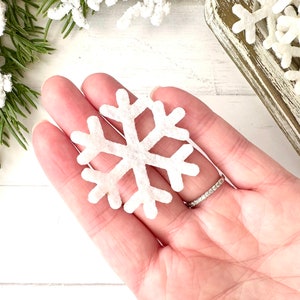 May include: A white felt snowflake with a six-pointed star shape. The snowflake is about 2 inches in diameter and is held in a person's hand.