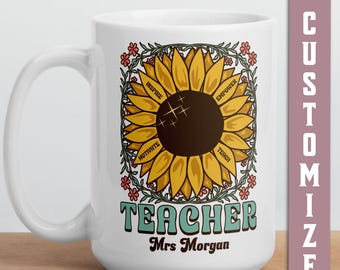 Custom Teacher Retro Sunflower White Glossy Mug, Personalized Teaching Drinkware, Cool Teacher Gifts, Meaningful Present From Students