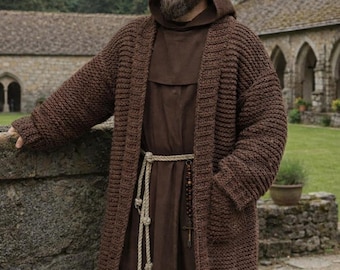 Cárdigan largo de punto grueso para hombre, abrigo estilo monje vikingo extragrande hecho a mano, túnica de inspiración medieval