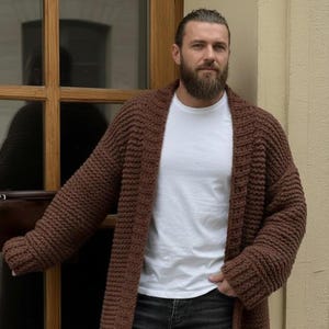 Men’s Long Chunky Knit Cardigan, Handmade Oversized Viking Sweater, Warm Knitted Mens Cardigan