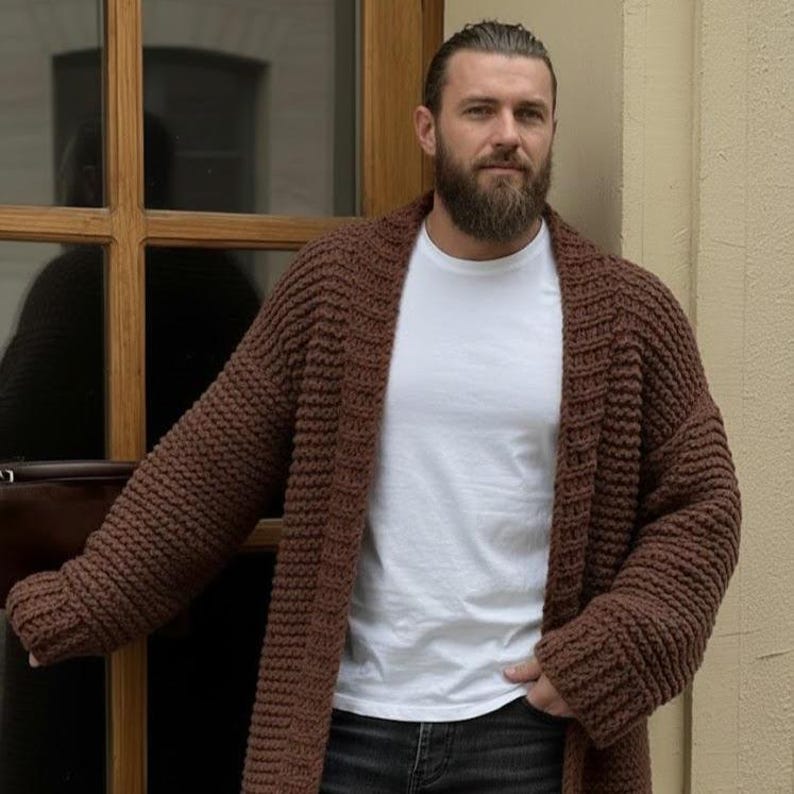 Men’s Long Chunky Knit Cardigan, Handmade Oversized Viking Sweater, Warm Knitted Mens Cardigan
