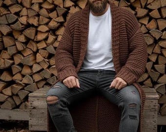 Cárdigan largo de punto grueso para hombre – Suéter vikingo extragrande hecho a mano – Cárdigan de punto cálido para hombre