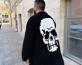 Cárdigan de calavera para hombre, cárdigan largo gótico de punto con diseño de esqueleto en la espalda, suéter grueso extragrande hecho a mano, ropa urbana alternativa.