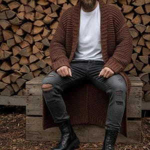 Men’s Long Chunky Knit Cardigan, Handmade Oversized Viking Sweater, Warm Knitted Mens Cardigan