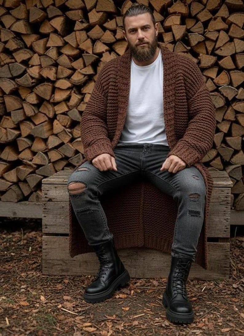 Men’s Long Chunky Knit Cardigan, Handmade Oversized Viking Sweater, Warm Knitted Mens Cardigan