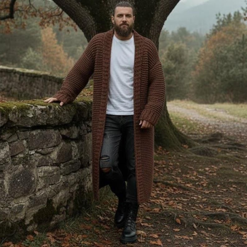 Men’s Long Chunky Knit Cardigan, Handmade Oversized Viking Sweater, Warm Knitted Mens Cardigan