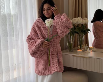 Finger Knit Cardigan Pattern PDF, DIY Plush Sweater Tutorial, No Needles Hand Knitting Pattern for Oversized Cardigan