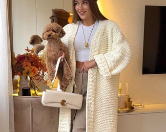 Long Knit Cardigan, Oversized Maxi Cardigan Sweater, Handmade Chunky Knit Coat, Cozy Minimalist Cardigan for Women