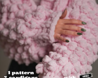 Finger Knitting Pattern 1 PDF 3 Cardigans with Video Tutorial, Crochet Chunky Sweater Pattern