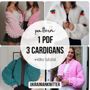 Puede incluir: Imagen que presenta tres cárdigans de punto grueso en rosa, blanco y turquesa. La imagen incluye el texto "pattern 1 PDF 3 CARDIGANS +video tutorial" y el nombre del vendedor "UKRAINIAN KNITTER".