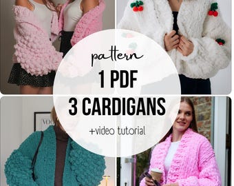 Alize Puffy Cardigan Pattern - 1 PDF 3 Cardigans - No Needles - Crochet Chunky Sweater Pattern