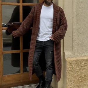 Men’s Long Chunky Knit Cardigan, Handmade Oversized Viking Sweater, Warm Knitted Mens Cardigan