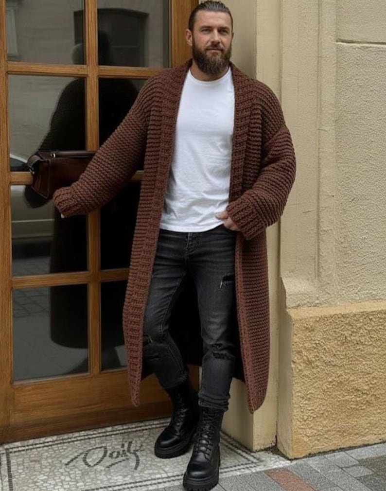 Men’s Long Chunky Knit Cardigan, Handmade Oversized Viking Sweater, Warm Knitted Mens Cardigan