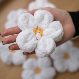 May include: Close-up of white, plush flower with a yellow center. Several similar flowers are scattered on a light brown surface. The flower is held in a hand, showcasing its soft texture and detailed petal design.