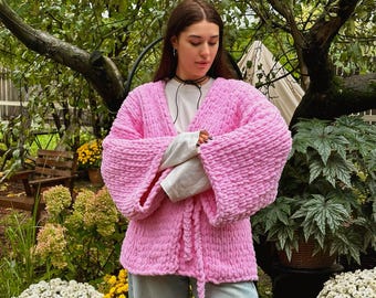 Puffy Kimono Cardigan, Oversized Chunky Knit Sweater, Handmade Cottagecore Cardigan, Cozy Gift for Her