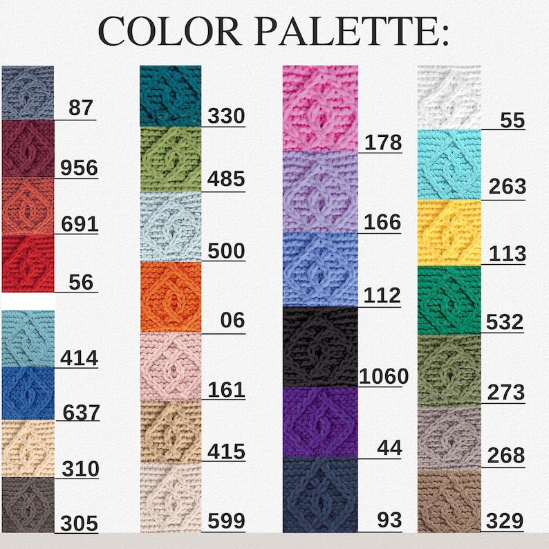Puede incluir: Una carta de colores con el texto "COLOR PALETTE:" en la parte superior. La tabla muestra varios colores de hilo, cada uno con un n&uacute;mero correspondiente. Los colores incluyen tonos de azul, verde, rosa, amarillo y marr&oacute;n.