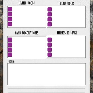 May include: A Halloween decoration ideas planner with sections for living room, front door, yard decorations, and things to make. Each section has a series of purple squares. The top of the planner has the text "HALLOWEEN DECORATION Ideas" in a black banner.