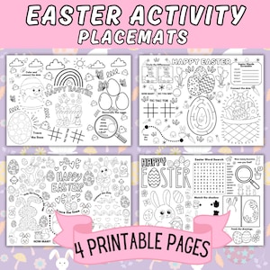 4 Easter Activity Placemats Printable for Kids,Easter Coloring Placemat, Easter Games Printable,Classroom Easter Activity,Coloring & Puzzles