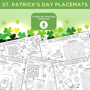May include: A collection of St. Patrick's Day placemats with various activities, including mazes, word searches, and drawing exercises. The placemats feature shamrocks, leprechauns, and other festive graphics. The text on the image says "ST. PATRICK'S DAY PLACEMATS".