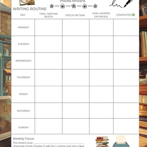 May include: A weekly writing schedule with the title "WEEKLY WRITING SCHEDULE" at the top. The schedule includes sections for writing routine, time/writing block, focus or task, goal, and completion. The bottom of the schedule has a section for weekly focus.