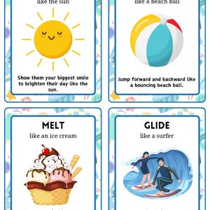 May include: Four illustrated cards with the words "SMILE", "BOUNCE", "MELT", and "GLIDE". Each card features a colorful image and a short description. The "SMILE" card shows a smiling sun. The "BOUNCE" card shows a beach ball.