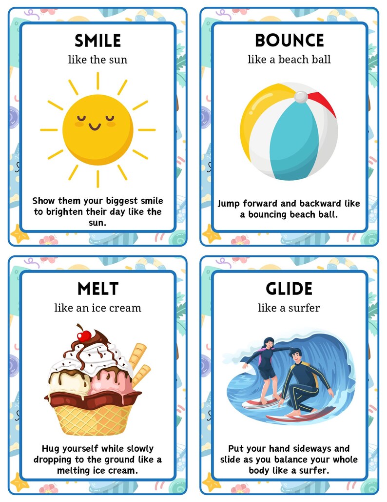 May include: Four illustrated cards with the words "SMILE", "BOUNCE", "MELT", and "GLIDE". Each card features a colorful image and a short description. The "SMILE" card shows a smiling sun. The "BOUNCE" card shows a beach ball.