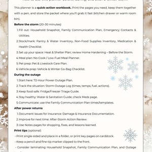 May include: A workbook titled "WELCOME" with instructions for before, during, and after a winter storm. The text includes checklists for emergency planning, including household snapshots, meal planning, and vehicle preparation. Snowflake illustrations are present.