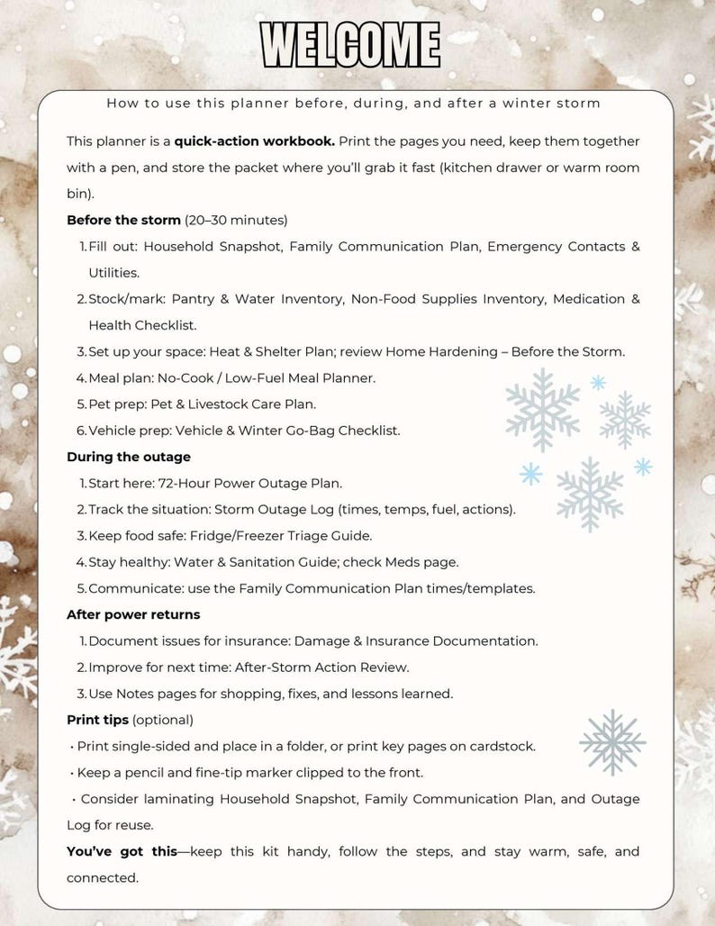 May include: A workbook titled "WELCOME" with instructions for before, during, and after a winter storm. The text includes checklists for emergency planning, including household snapshots, meal planning, and vehicle preparation. Snowflake illustrations are present.