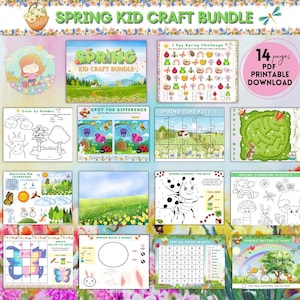 Peut inclure: Un ensemble d'activités manuelles sur le thème du printemps pour enfants. Le lot comprend des pages à colorier, des puzzles, des labyrinthes et des points à relier. Le texte de l'image indique "Spring Kid Craft Bundle" et "14 pages PDF printable download."